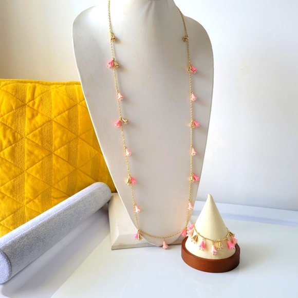 Extended Necklace and Charm Bracelet Set / Bell Flowers / Pink & Gold - Picture 4 of 7